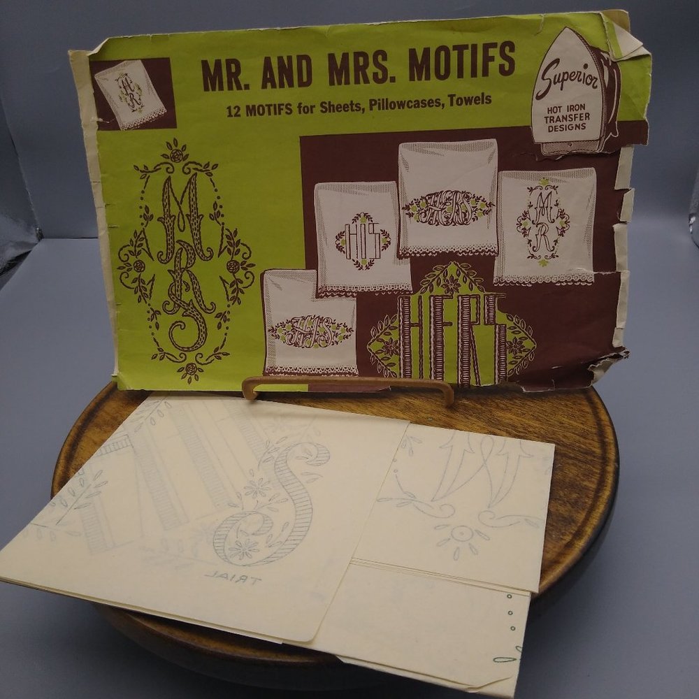 Vintage SUPERIOR Hot Iron Transfers, Mr and Mrs His and Hers Monogram Motifs 40s